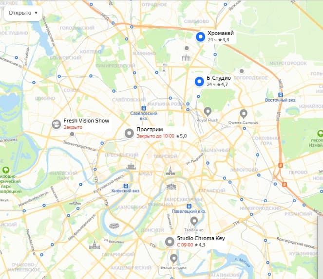 Карта хромакей студий по Москве